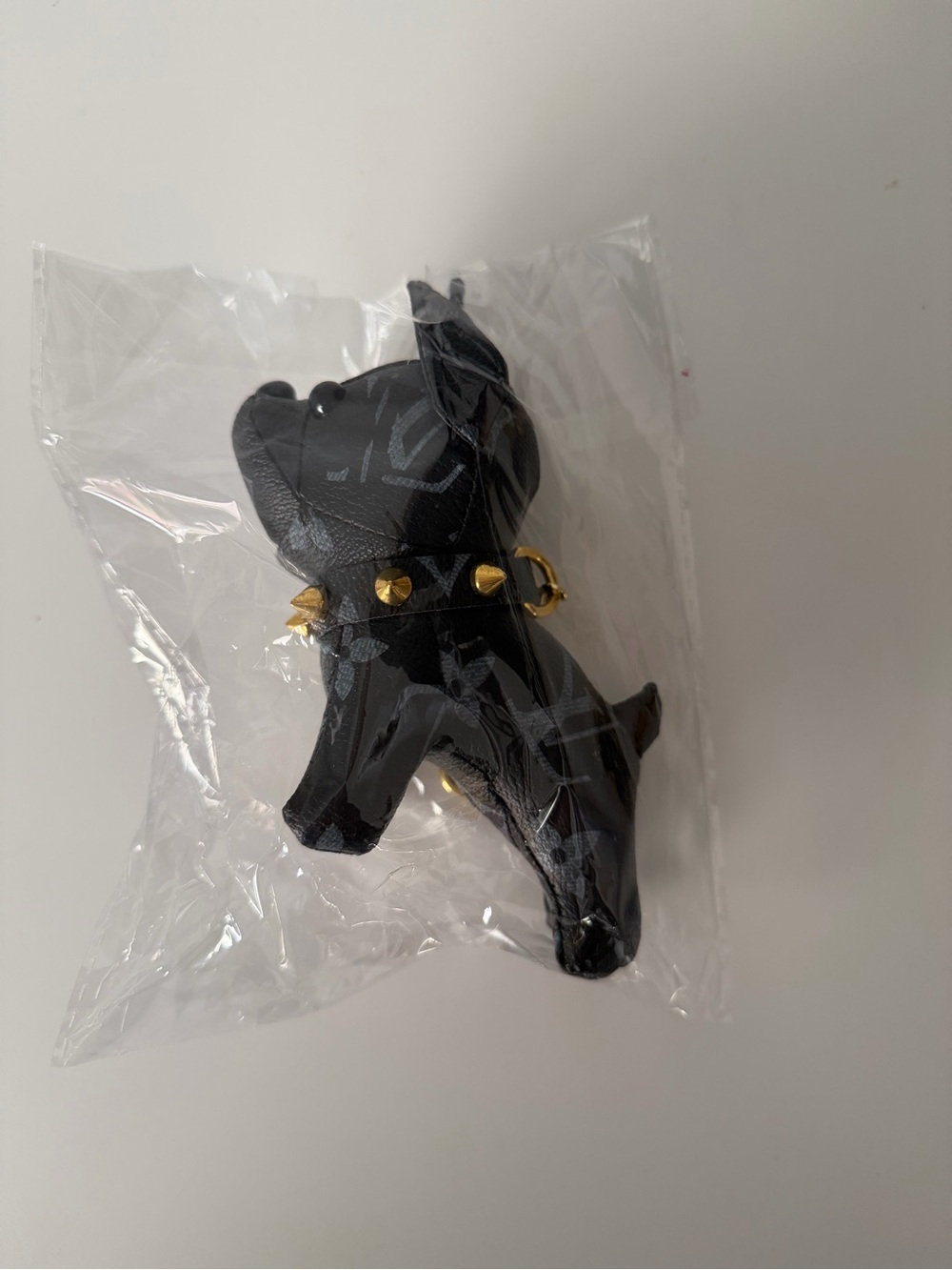 Black Leather Dog Keychain with Gold Stud Collar